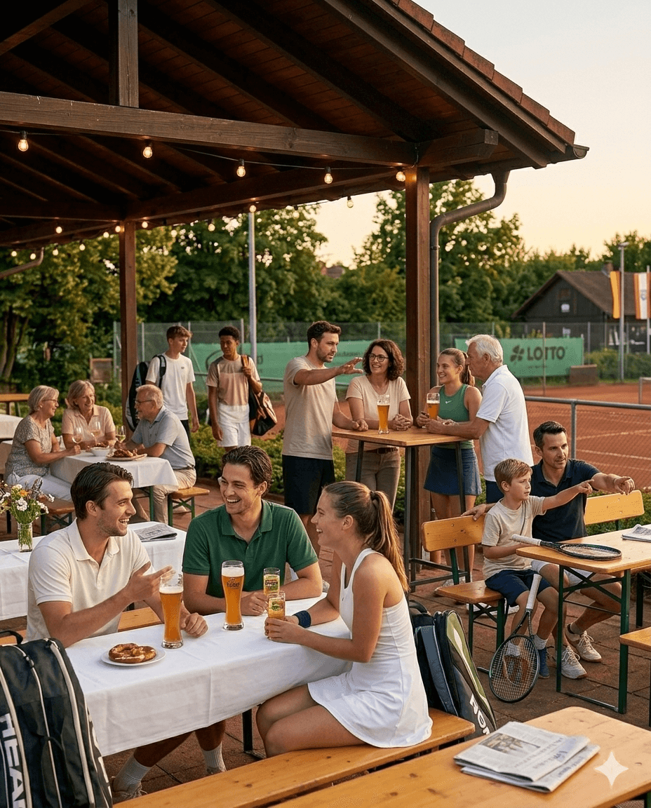 Vereinsleben am Klubhaus — Spieler, Familien und Senioren bei Bier und Brezeln nach dem Spieltag