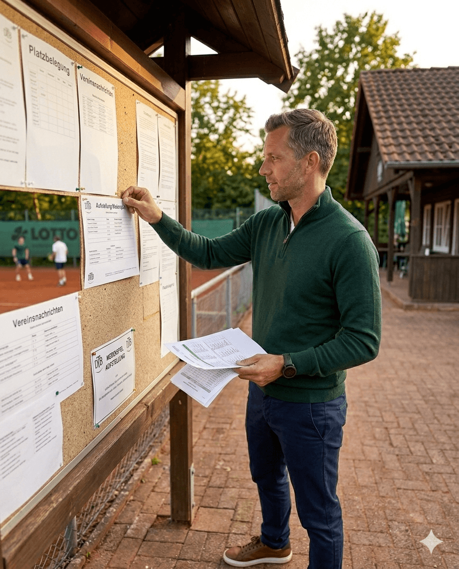 Sportwart pinnt die Medenspiel-Aufstellung ans Vereinsbrett